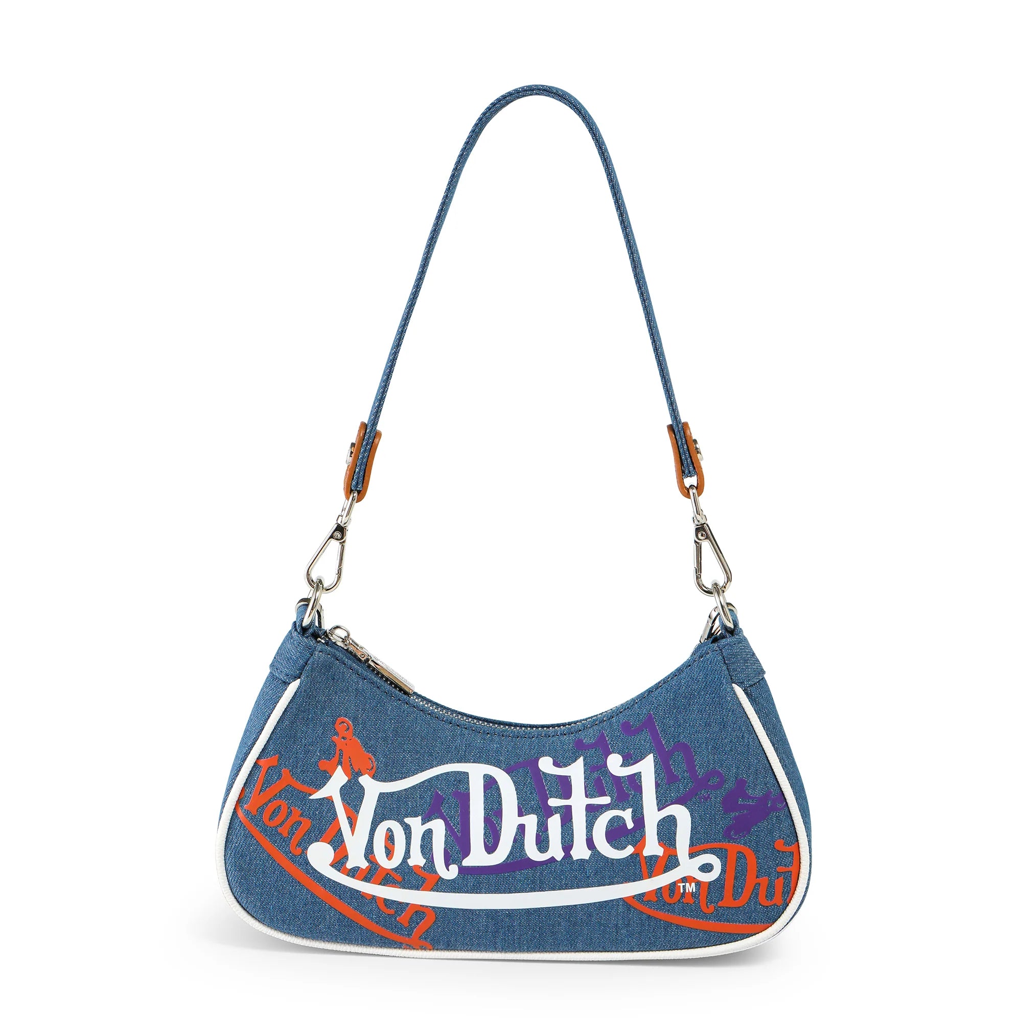 Von Dutch Purple & Orange Multi-Logo Denim Shoulder Bag