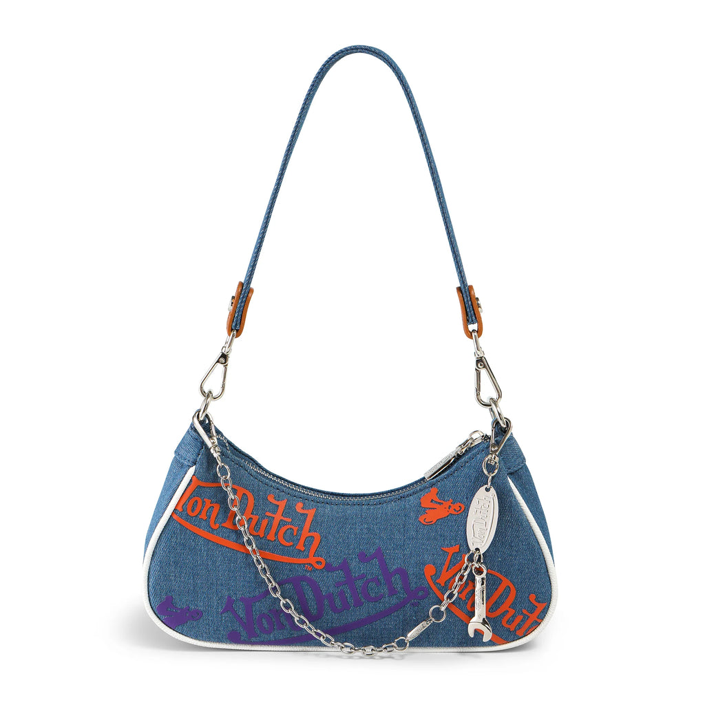 Von Dutch Purple & Orange Multi-Logo Denim Shoulder Bag